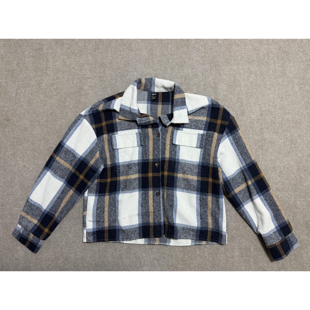 Shein Shirt Womens Large Blue White Plaid Flannel Button Up Pocket Long Sleeve